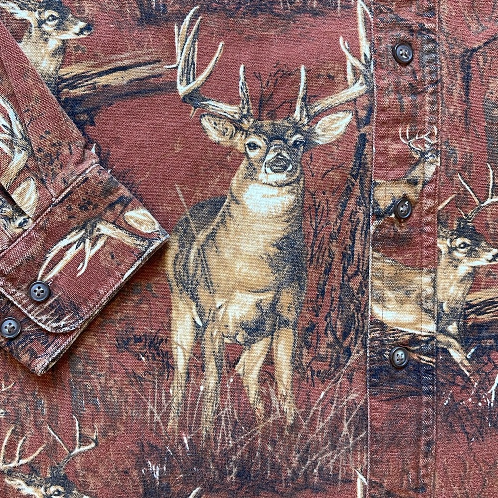 Vintage 90s Bluff Creek All Over Print Deer Nature Graphic Button Up Shirt - Picture 5 of 7
